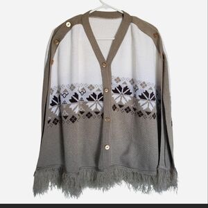 Fair Isle Taupe and white poncho with decorate front botton and bottom fringe